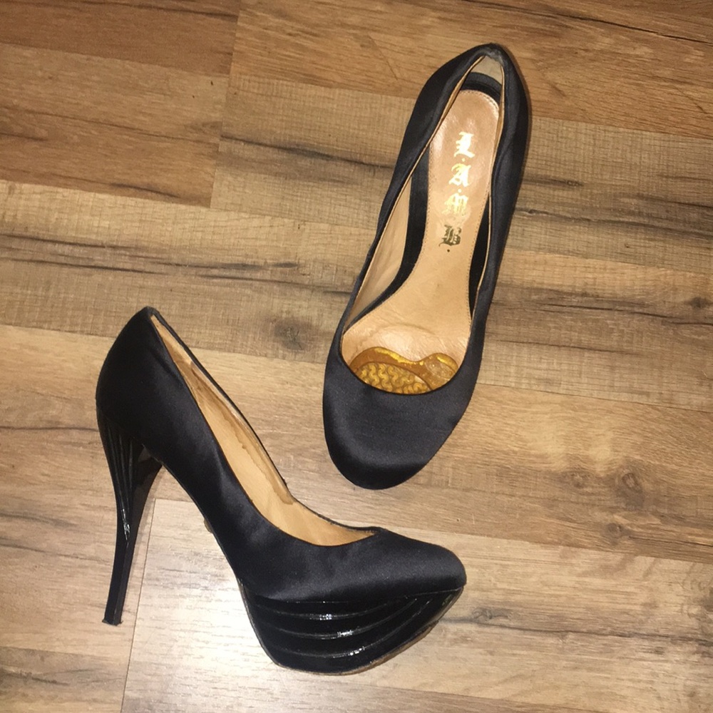 Gently used L.A.M.B Round Toe Satin Platform Heels